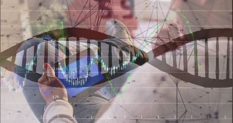 Male caregiver holding senior ankle on couch with dna data overlay and health charts