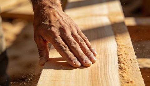 Adult male hand sanding wooden plank with sawdust and warm sunlight close-up