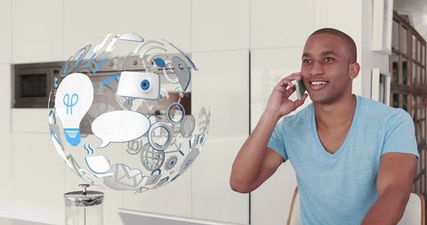 Smiling Businessman with Holographic Media Icons Digital Interaction