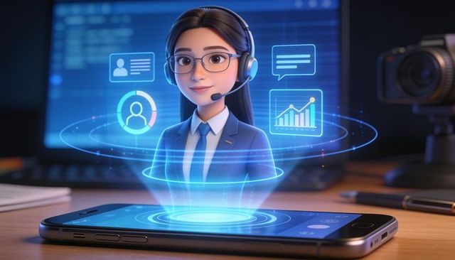 Holographic virtual assistant projecting from smartphone, avatar with headset, glasses