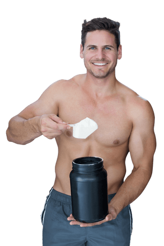 Muscular Caucasian Male Holding Protein Supplement on Transparent Background