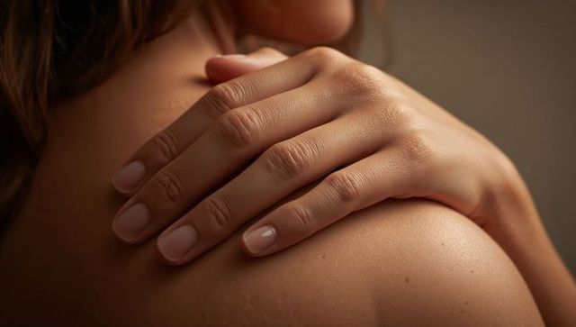 Gentle hand resting on bare shoulder closeup manicured nails skin care concept