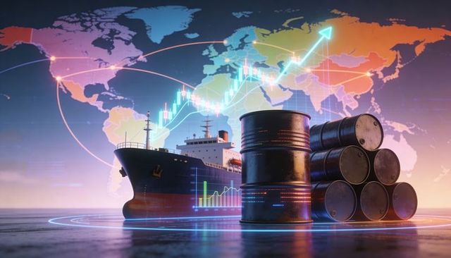 Cargo ship and oil barrels with neon world map and rising market charts for global trade