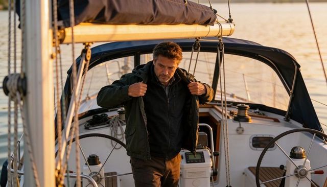 Solo sailor adjusting jacket in yacht cockpit at golden sunset with twin helms