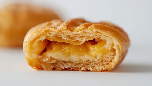 Closeup of flaky puff pastry filled with glossy custard cream revealing laminated layers
