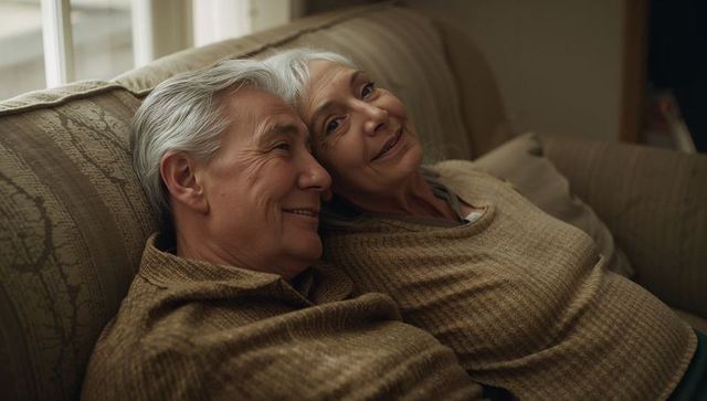 Senior women cuddling on sofa sharing warm intimate moment at home in soft daylight