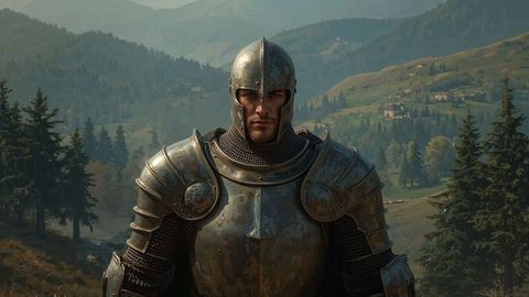 Knight in Steel Armor Overlooking Scenic Mountain Valley
