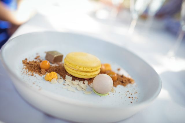 Close-up of an elegantly presented dessert plate featuring a yellow macaron, assorted sweets, and garnishes. Ideal for use in culinary blogs, restaurant promotions, and food photography portfolios.