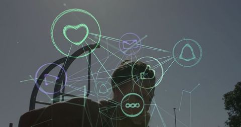 Silhouetted woman standing wearing dark jacket with augmented reality neon network overlays