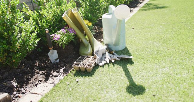 Gardening tools including trowel, watering can, gloves, and seedlings arranged on lawn with a garden bed nearby. Great for illustrating gardening activities, outdoor hobbies, horticulture tips, planting guides, and promoting gardening supplies.