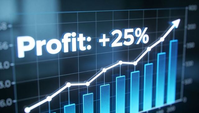 Displaying profit +25% on rising blue bar chart with white trend line and upward arrow