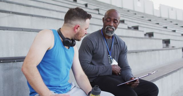 Diverse male coach and athlete talking during night training session. professional runner training at sports stadium.
