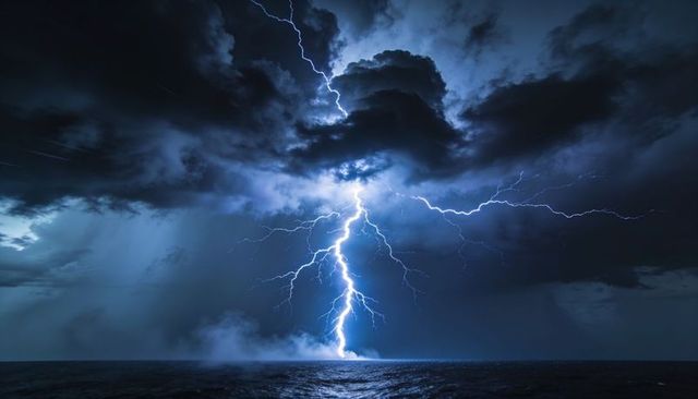 Branching lightning bolt striking open ocean at night under storm clouds, dramatic seascape