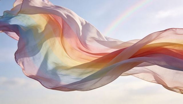 Pastel silk scarf drifting in sunlit sky with faint rainbow and sheer movement