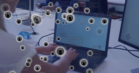 Woman typing on laptop in shared office with chat avatars and collaboration overlays