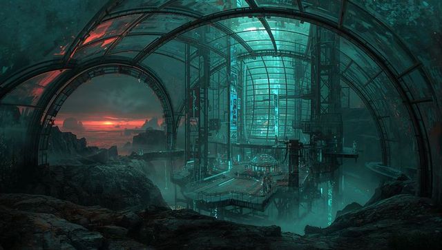 Cyan-lit futuristic cliffside dome facility with glass arches and misty coastal platforms