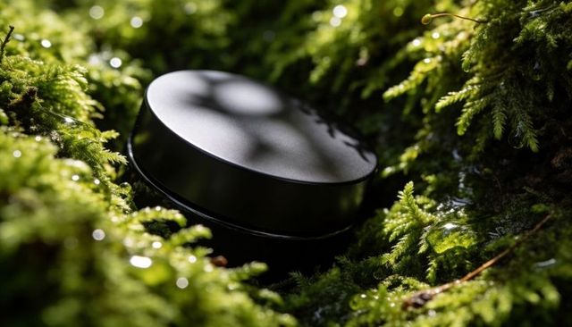 Matte black puck nestling in dewy green moss macro minimalist contrast of tech and nature