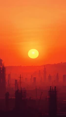 Vertical video sun hovering over industrial skyline with cranes and chimneys in orange haze