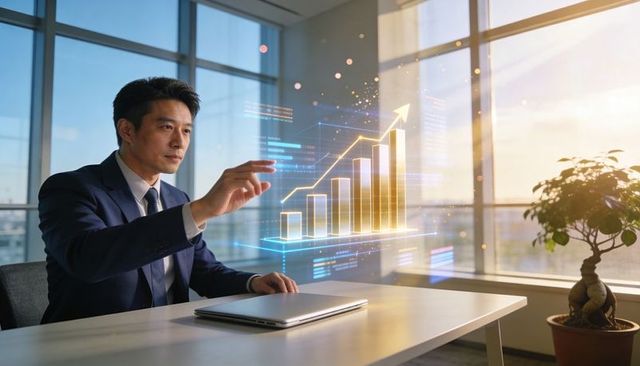 Asian Businessman Interacting with Holographic Growth Chart and Analytics in Office