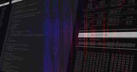 Computer Screen Displaying Code with Encryption and Data Interface