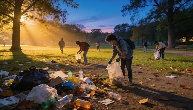 Sunlit park volunteers cleaning litter at sunrise collecting bottles and debris for community