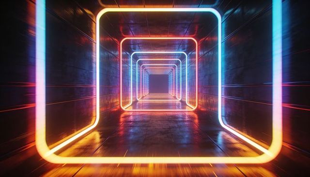 Glowing neon square frames creating futuristic tunnel with reflective wet metallic floor