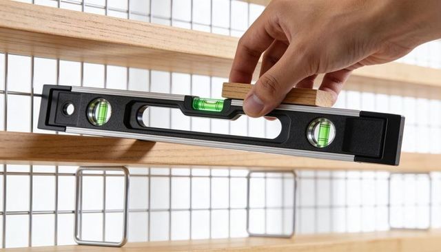 Steadying spirit level on wooden shelving with wooden shim and metal hooks