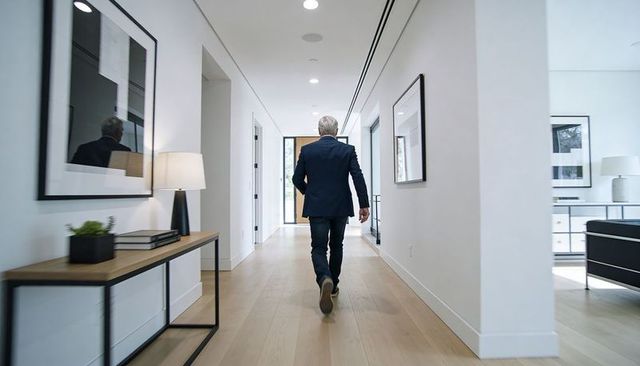 Senior businessman walking down minimalist hallway in navy suit for executive home interior