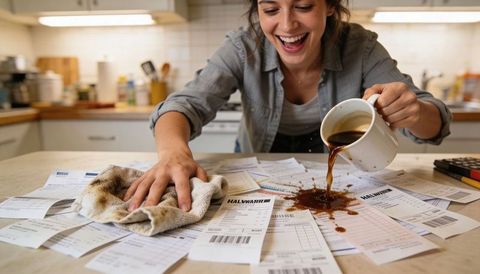 Young woman spilling coffee over bills while laughing and wiping paperwork in kitchen