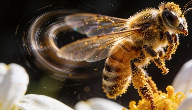 Pollen-laden honeybee hovering over daisy with motion-blurred iridescent wings