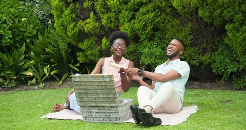 Joyful Couple Having Picnic in Sunny Park Setting