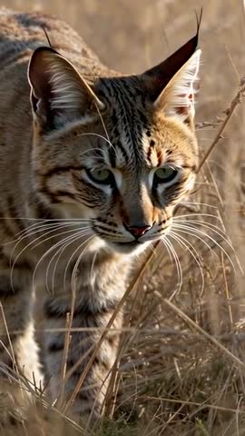 Vertical Lynx Stalking Through Golden Grassland Close-Up Wildlife Video