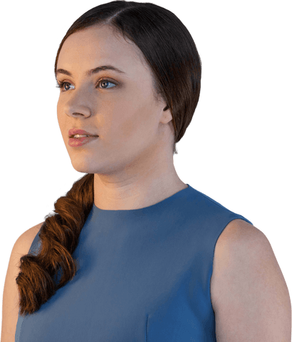 Contemplative Young Woman in Blue Dress on Transparent Background