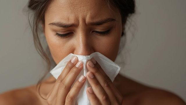 Woman wiping nose with tissue for health and wellness stock concept