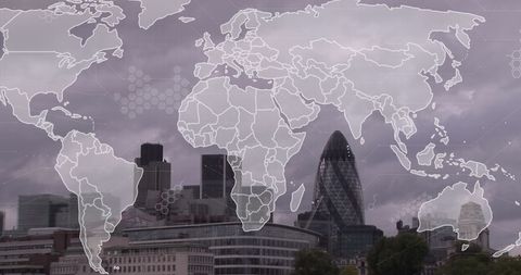 Innovative digital world map over london cityscape skyline