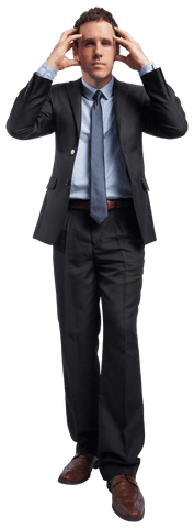 Transparent Stressed Businessman Holding Head in Suit
