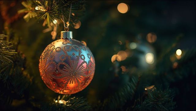 Glittery Red and Gold Bauble on Christmas Tree Branch