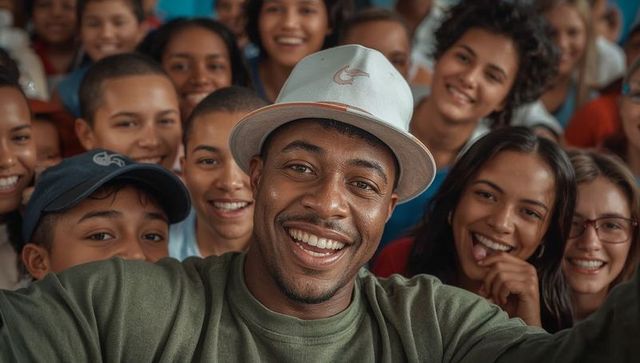 Community mentor wearing bucket hat taking selfie with smiling teens in diverse classroom