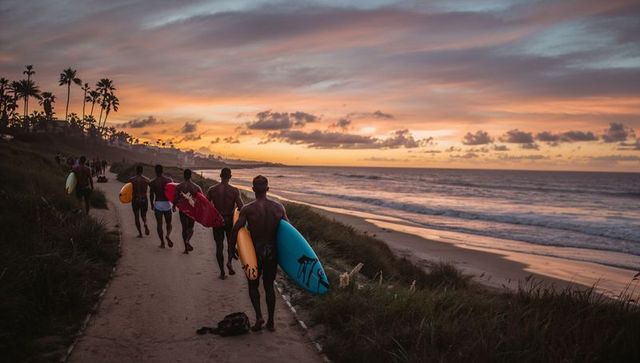 Group of surfers walking coastal bluff path carrying colorful surfboards at vibrant sunset