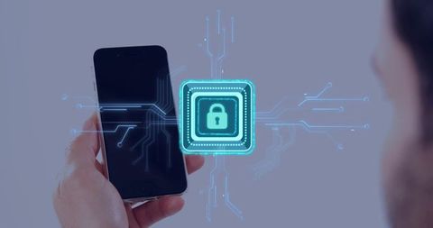 Hand holding smartphone with neon lock chip representing mobile security and encryption