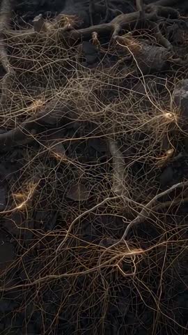 Vertical panning video showing dense forest root mat revealing fine roots and woody knots
