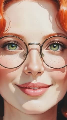 Vertical Closeup Video Showing Freckled Red-haired Woman Smiling While Wearing Round Glasses