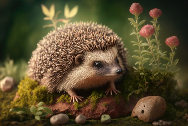 Close up of cute hedgehog with plants and flowers, created using generative ai technology. Nature, wild animal and wildlife concept digitally generated image.