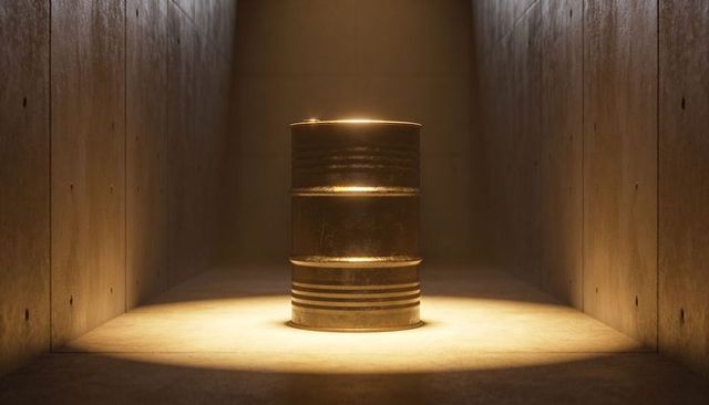 Weathered Metal Drum Under Spotlight in Concrete Chamber for Industrial Concept