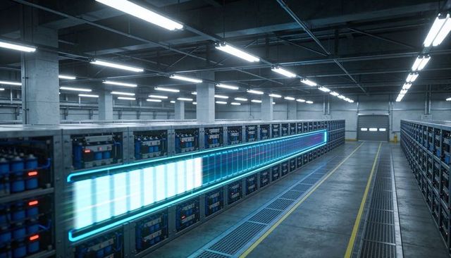 Battery rack charging scan with cyan indicator bar in energy storage facility