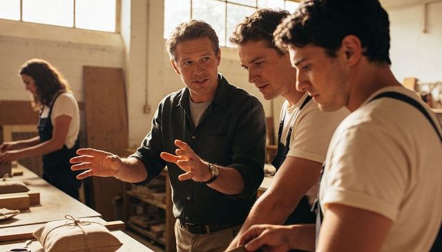 Carpentry instructor guiding young craftsmen in workshop mentoring hands-on woodworking