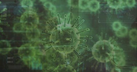 Rotating green virus particle visualization with HUD grid and world map overlay