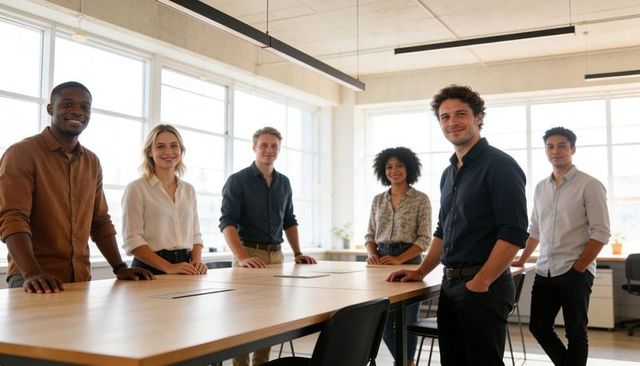 Diverse startup team standing around table planning project in bright contemporary office