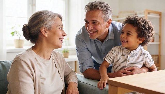 Smiling grandmother chatting with adult son and young grandson in sunlit living room