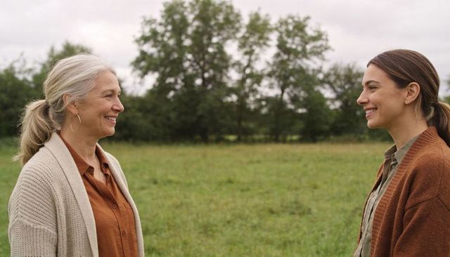 Mother daughter sharing warm conversation in meadow wearing layered knits